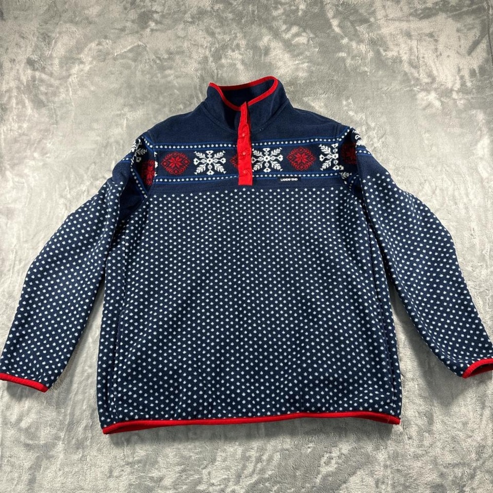 Lands' End blue and red snowflake quarter‎ zip sweater
